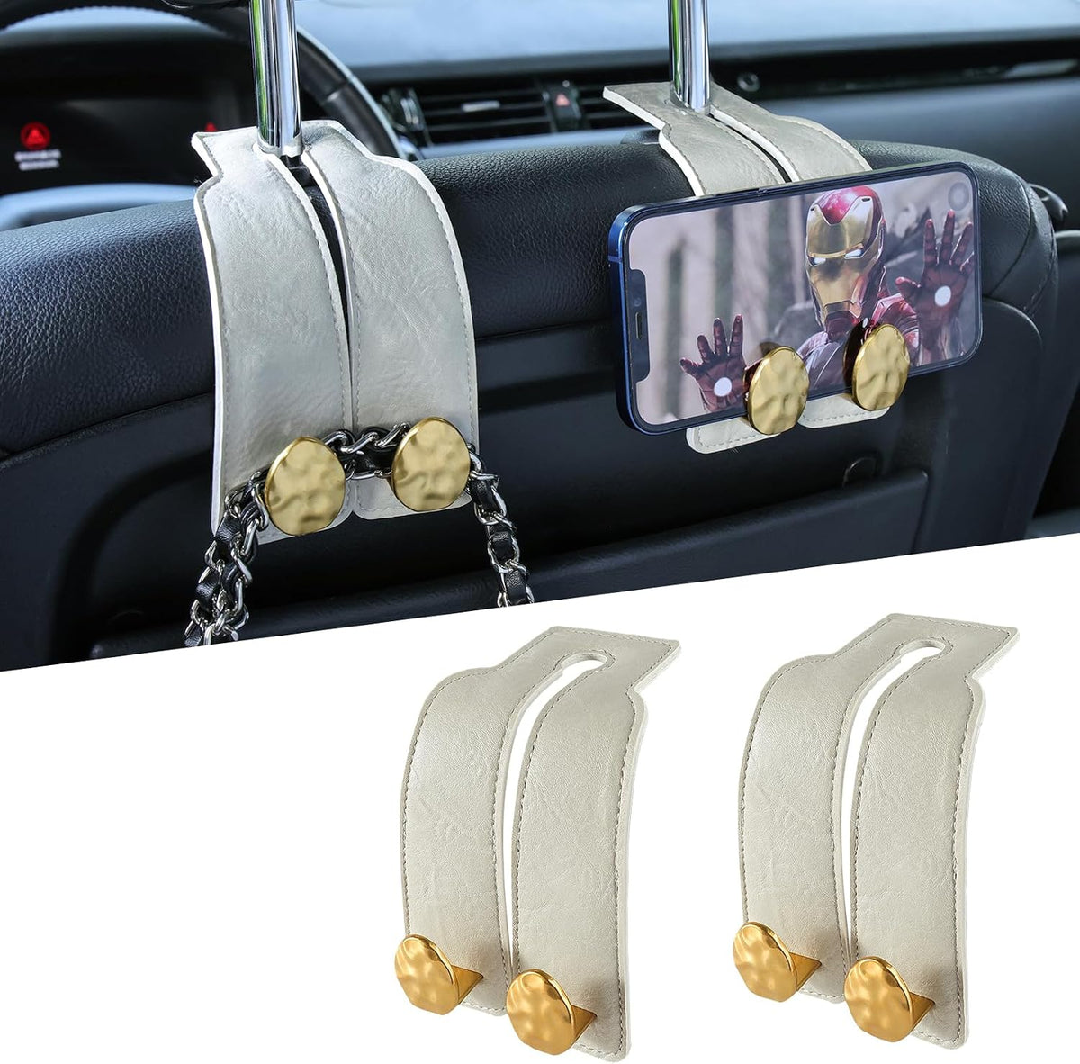 Leather Car Purse Hook for Headrest, 4 Pack, Grey-Black