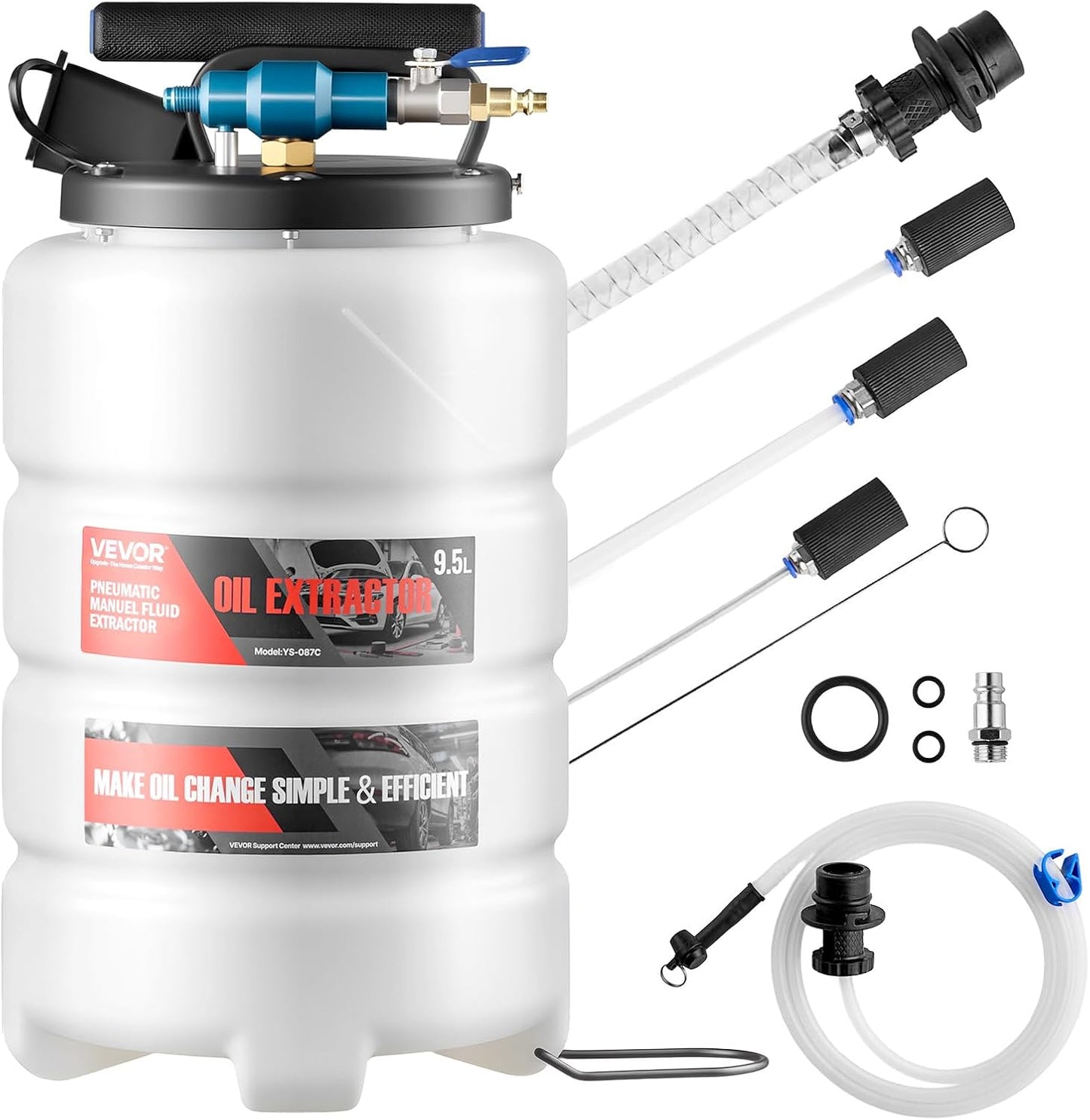 VEVOR Fluid Extractor, 9.5 L Capacity, Pneumatic/Manual Vacuum Oil Extractor Pump with 59 in Long Horse &amp; Three 47 in Extension Tubes, Oil Change Pump with PE Tank for Cars, Lawn Mowers, Boats