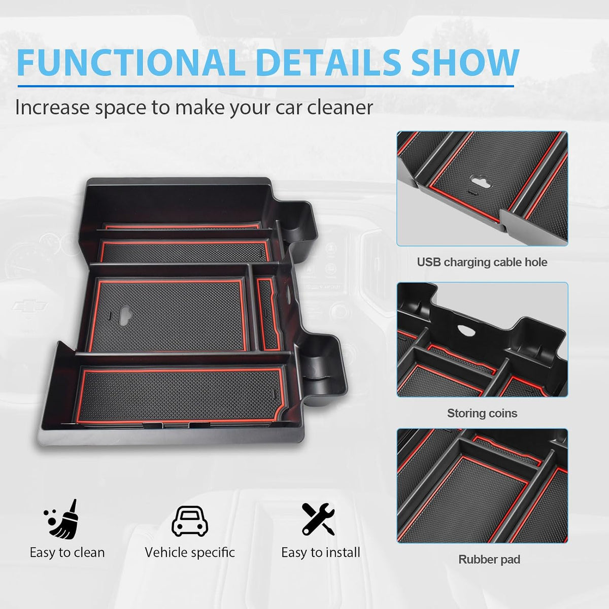 Center Console Organizer for 2019-2022 Chevy Silverado/Sierra 1500, Red
