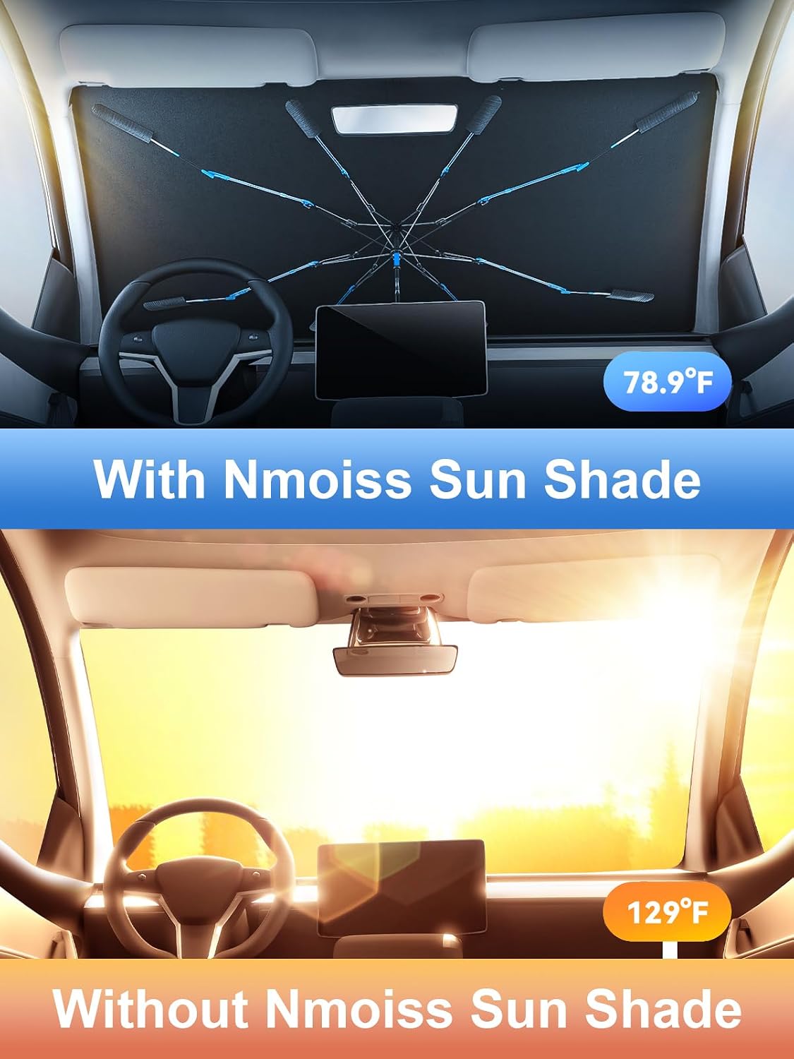 [Drive to Superior Coolness & Comfort] Nmoiss Ice Rib Windshield Sun Shade Umbrella High Speed Cooling 99% UV Blocking Protects Car from Sun and Heat Damage Medium (56" L x 31" W)