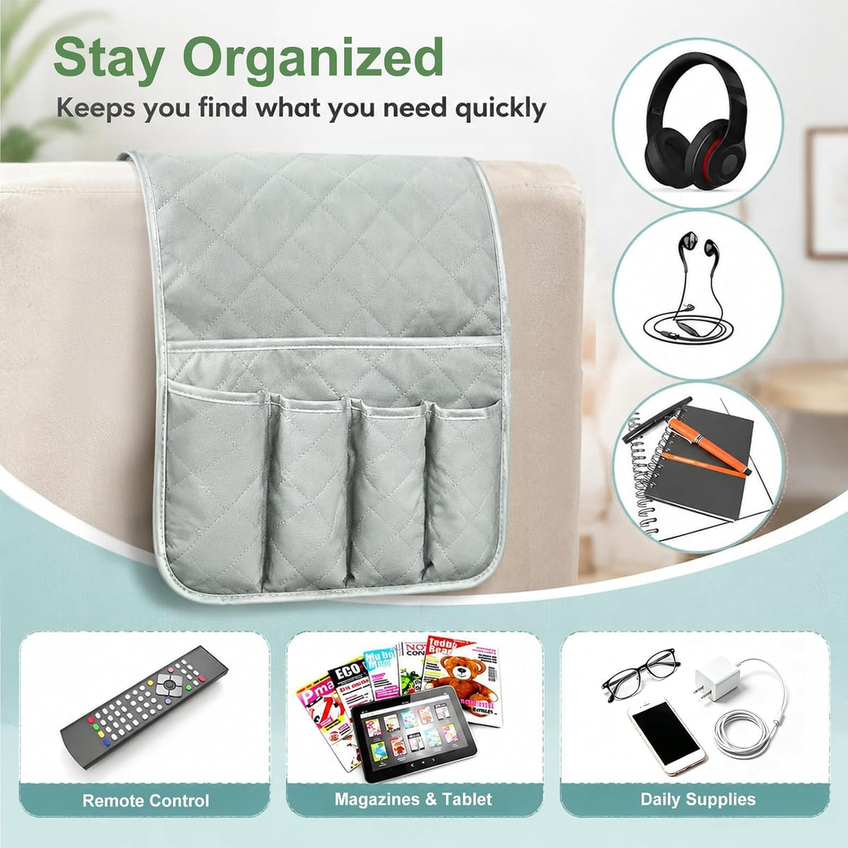 Armchair Caddy for Recliner, Non Slip Sofa Arm Organizer,Light Gray