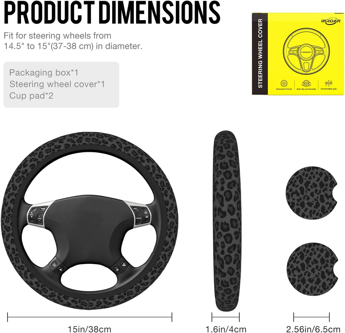 Black Leopard Print Cheetah Steering Wheel Cover for Women, Anti-Slip Breathable High Elastic Neoprene Car Steering Wheel Cover, Universal 15 Inch for Cars, SUVS, Includes 2 Ceramic Cup Coasters