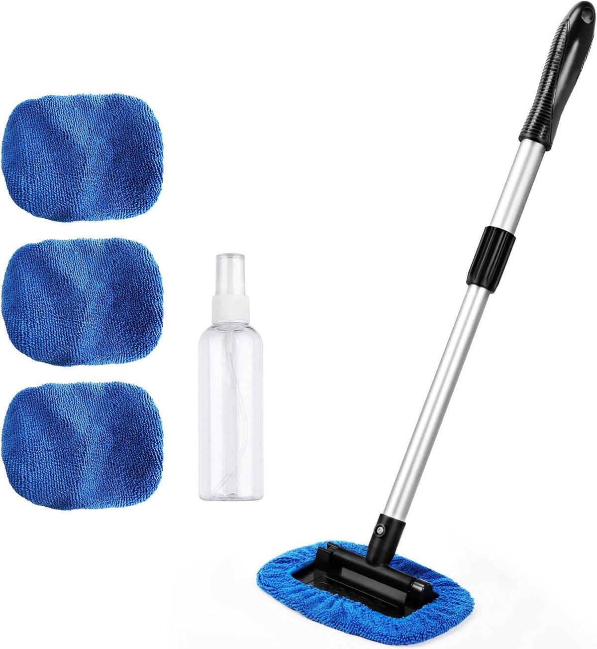 AstroAI Windshield Cleaner, Microfiber Car Window Cleaner with 12 Reusable and Washable Microfiber Pads and Extendable Handle Auto Inside Glass Wiper Kit, Blue, 3 Pack