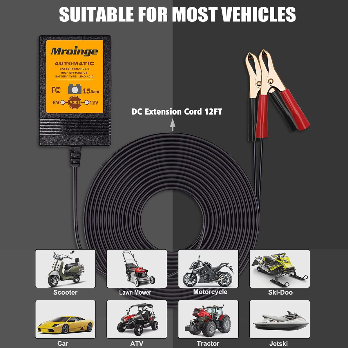 Smart Battery Charger, Mroinge 1.5A 6/12V Fully Automatic Trickle Charger/Maintainer for Motorcycle, ATV, Lawnmowers and More