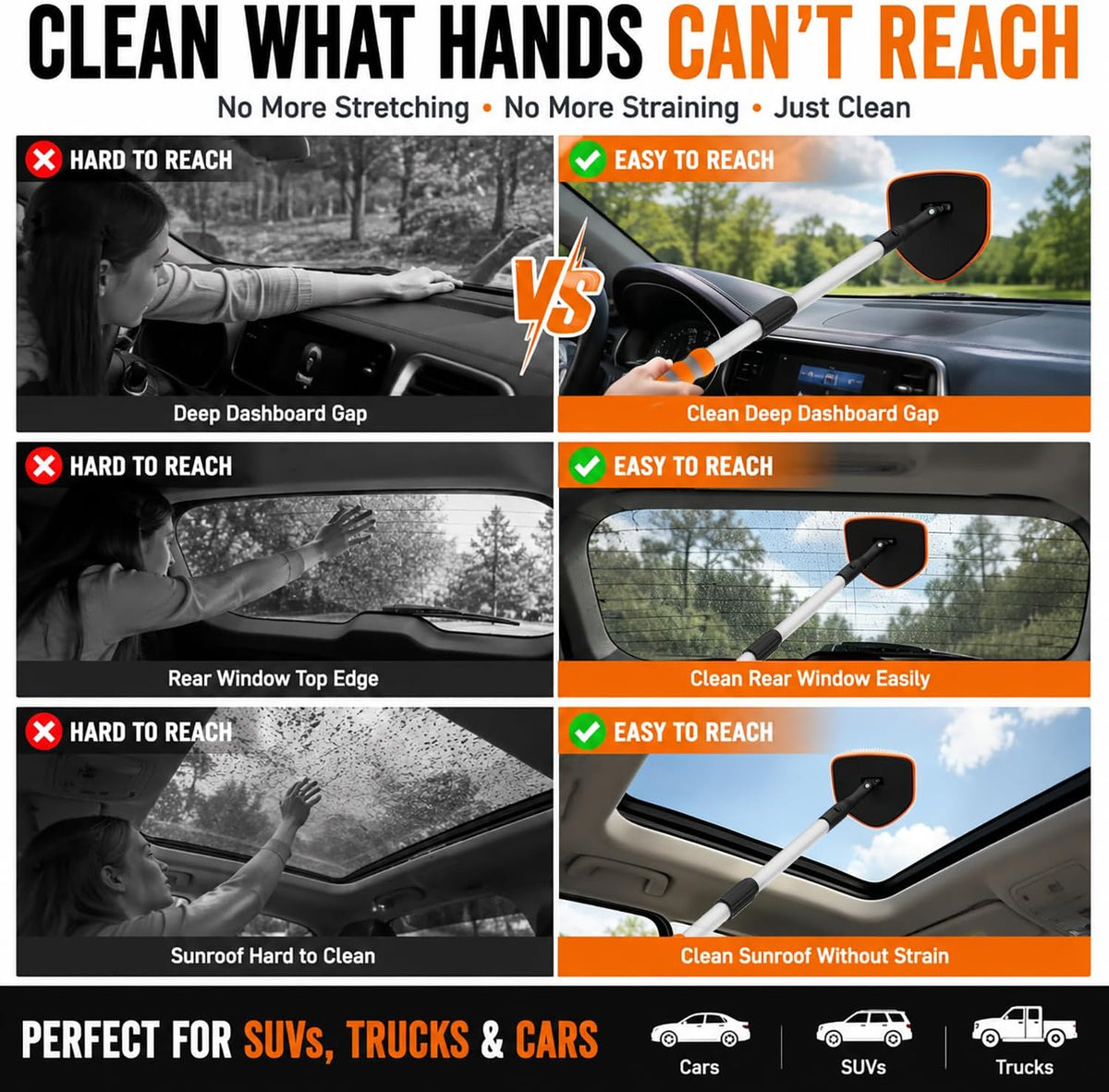 XINDELL Interior Windshield Cleaner Tool, Extendable Car Window Cleaning Kit with 360° Rotating Head