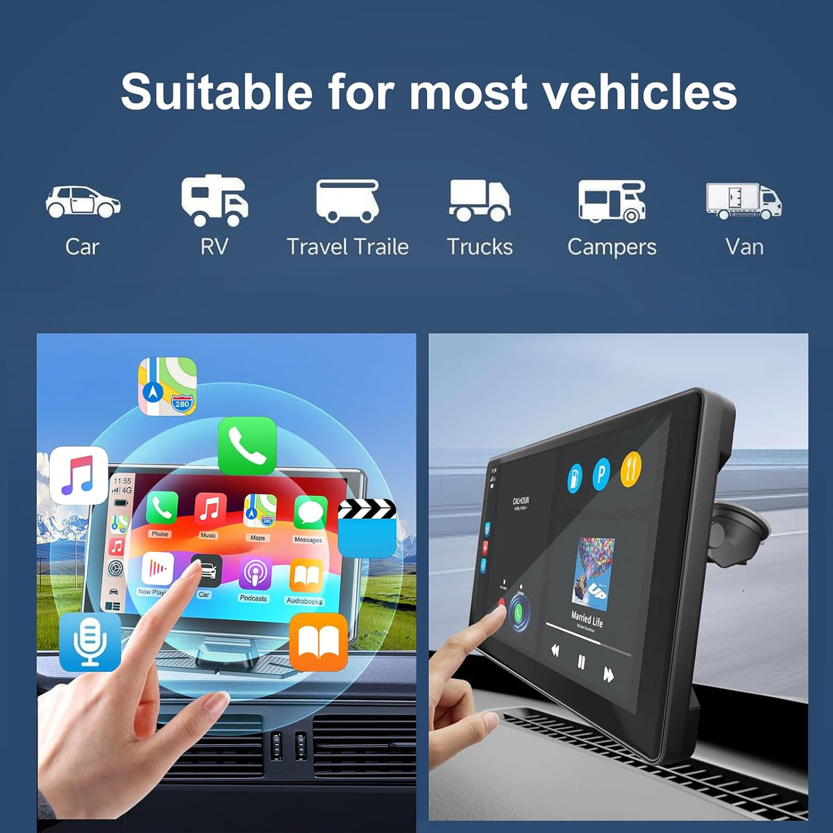 9-Inch Wireless CarPlay & Android Auto Car Stereo with 1080P Backup Camera, 4K Dash Cam, HD Portable Touchscreen/GPS Navigation/Mirror Link/AUX & FM Transmitter/Voice Control for All Vehicles