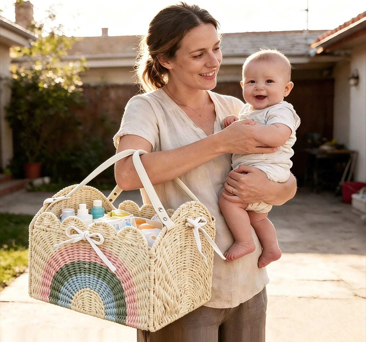 Large Baby Diaper Caddy, Paper Rope Storage Baskets Nursery Bin with Removable Divider, Portable Car Organizer for Diapers, Baby Shower Gifts, Newborn Essentials Must Haves (Light beige)
