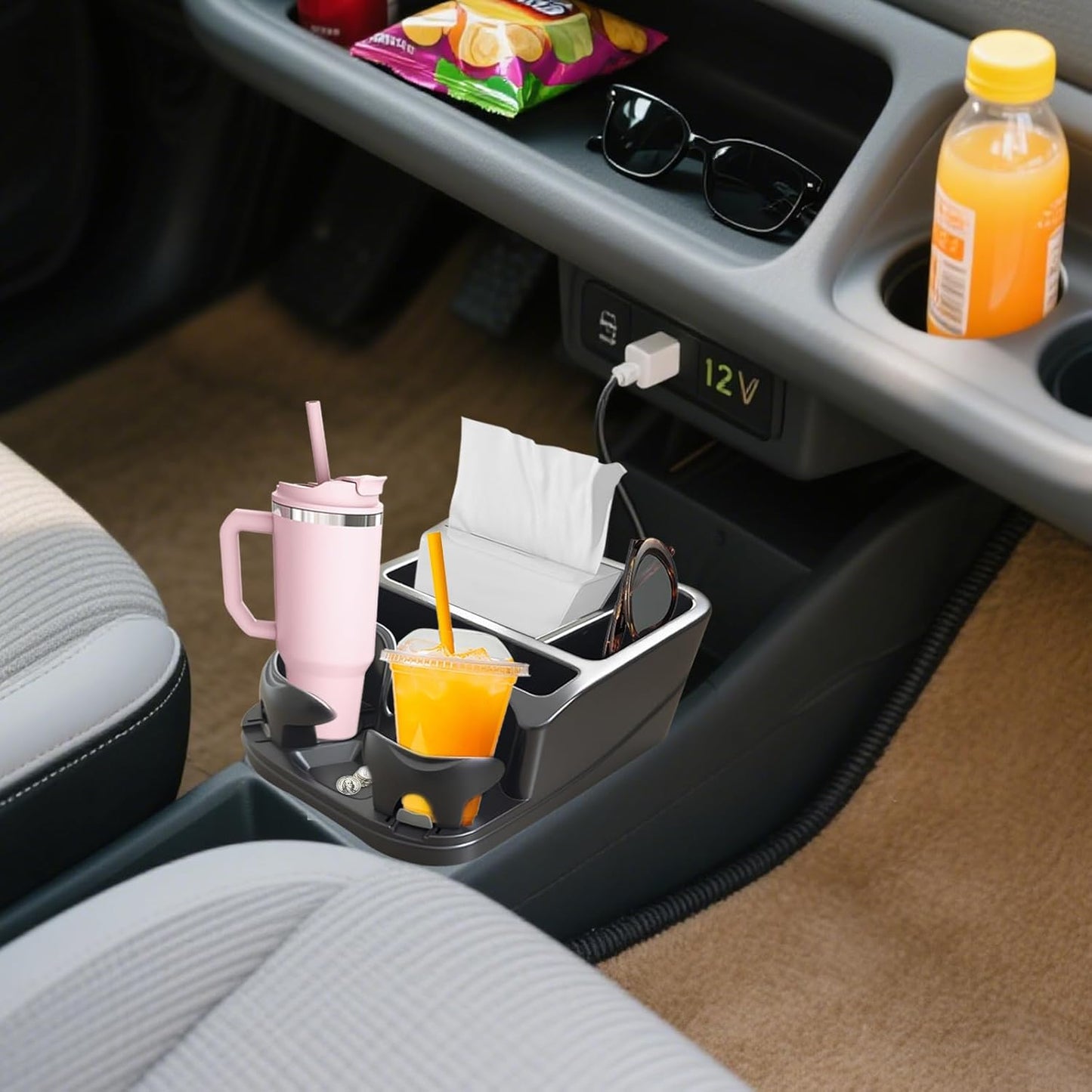 Car Center Console with Adjustable Cup Holders, Universal Center Console Organizer for Truck, Cars, Minivans, Suvs, Truck Floor Console, Bench Seat Center Console (Black)