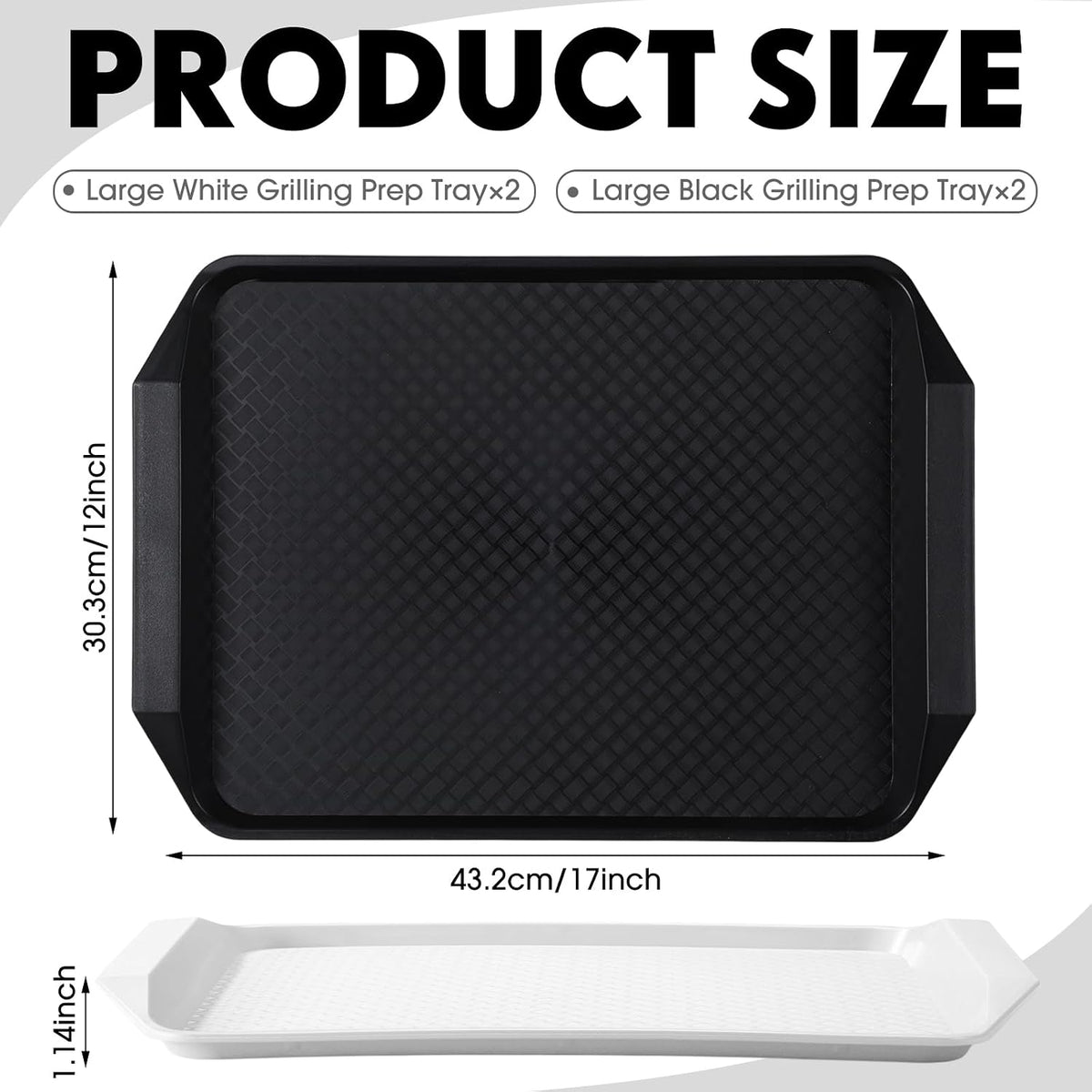 DoubleFill Set of 4 Grilling Prep and Serve Trays, 17x12 Inch Large BBQ Platter for Raw and Cooked Food, Cooking Meat Plastic Grilling Trays, Black and White Stackable Defrosting Prep and Carry System