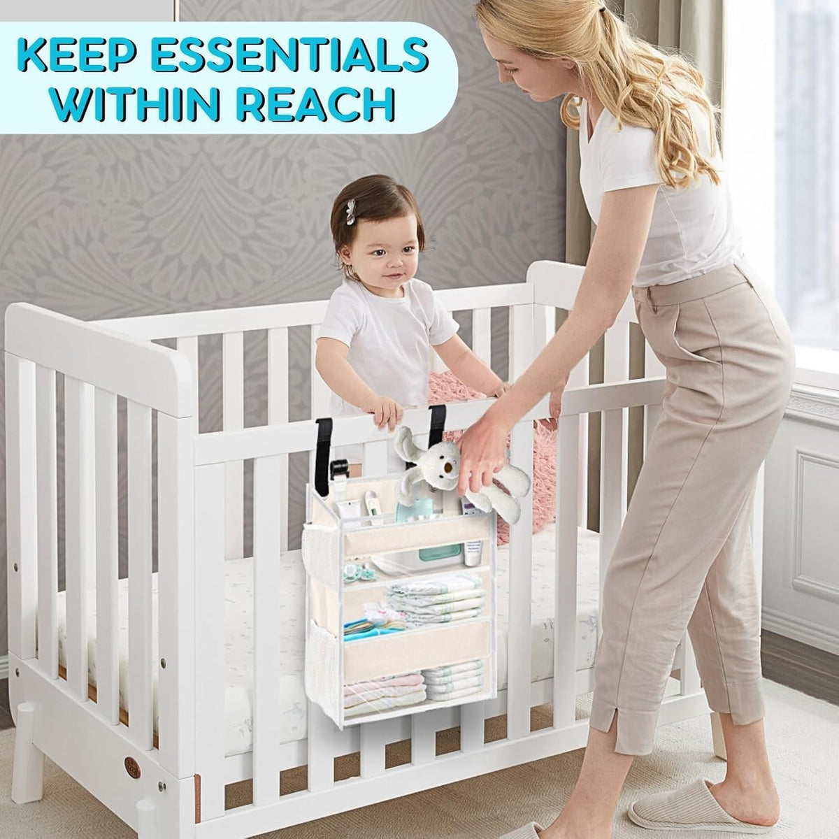 Hanging Diaper Organizer, 2 Tier Hanging Diaper Caddy, Holds 90+ Diapers | Diaper Organizer for Changing Table,Cribs,Car,Playard or Wall & Nursery Organization, 4 Mesh Pockets, Won't Deform, Beige