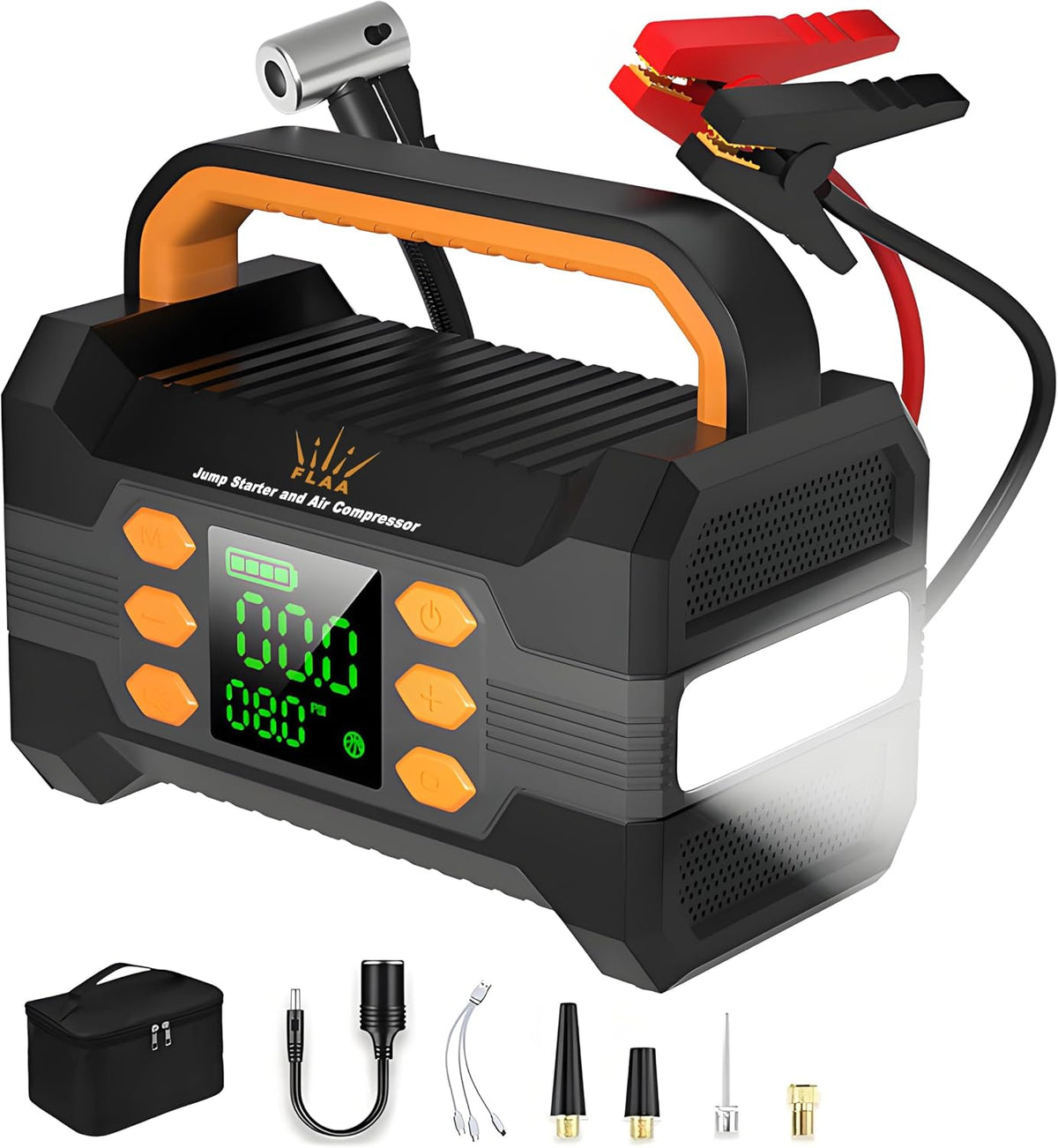 FLAA Jump Starter with Air Compressor 6000A, Portable Car Battery Booster, Jumper, 150PSI Tire Inflator, Power Pack, USB-C Quick Charge, for 12V Cars, Trucks, SUVs, 8.5L Gas/6.5L Diesel