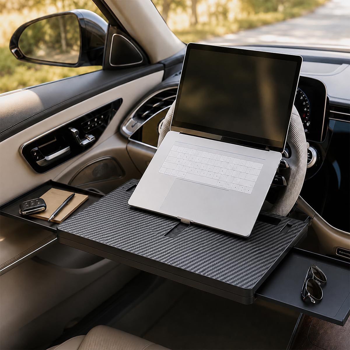 2 in 1 Car Large Steering Wheel Desk, Adjustable Auto Steering Wheels with Dual Slide-Out Trays, Foldable Wheel Table Tray Laptop Holder for Most Cars Trucks SUVs Vans (Black)