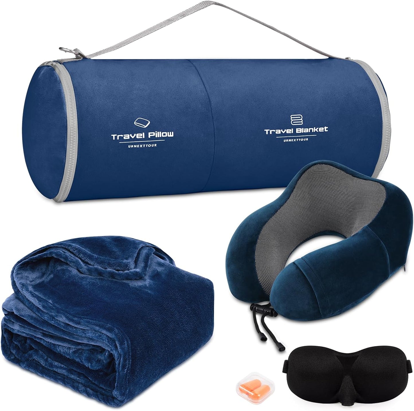 urnexttour Travel Pillow and Blanket Set Neck Pillows Travel Essentials with Sleep Mask for Airplane Car Memory Foam Blue