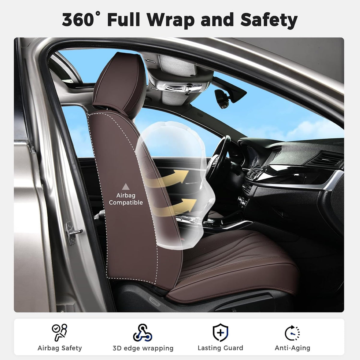 Huidasource Leather Car Seat Covers Full Set 5 Seats, Waterproof Faux Leather Front & Rear Seat Cover with Headrest, Non-Slip Automotive Seat Covers Fit for Most Cars Trucks SUV, Coffee