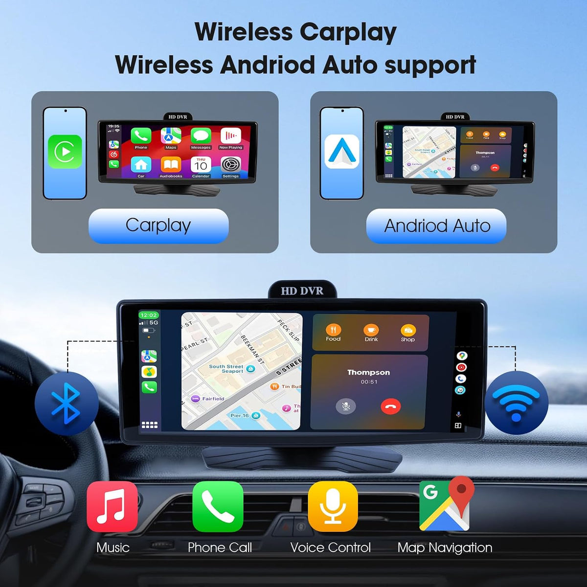 Haudio 10.26" Portable Wireless Apple CarPlay Screen for Car, Wireless Android Auto Touch Screen with 1080P Dash Cam & Backup Camera, GPS Navigation, Bluetooth 5.0, Voice Control, FM, Plug and Play