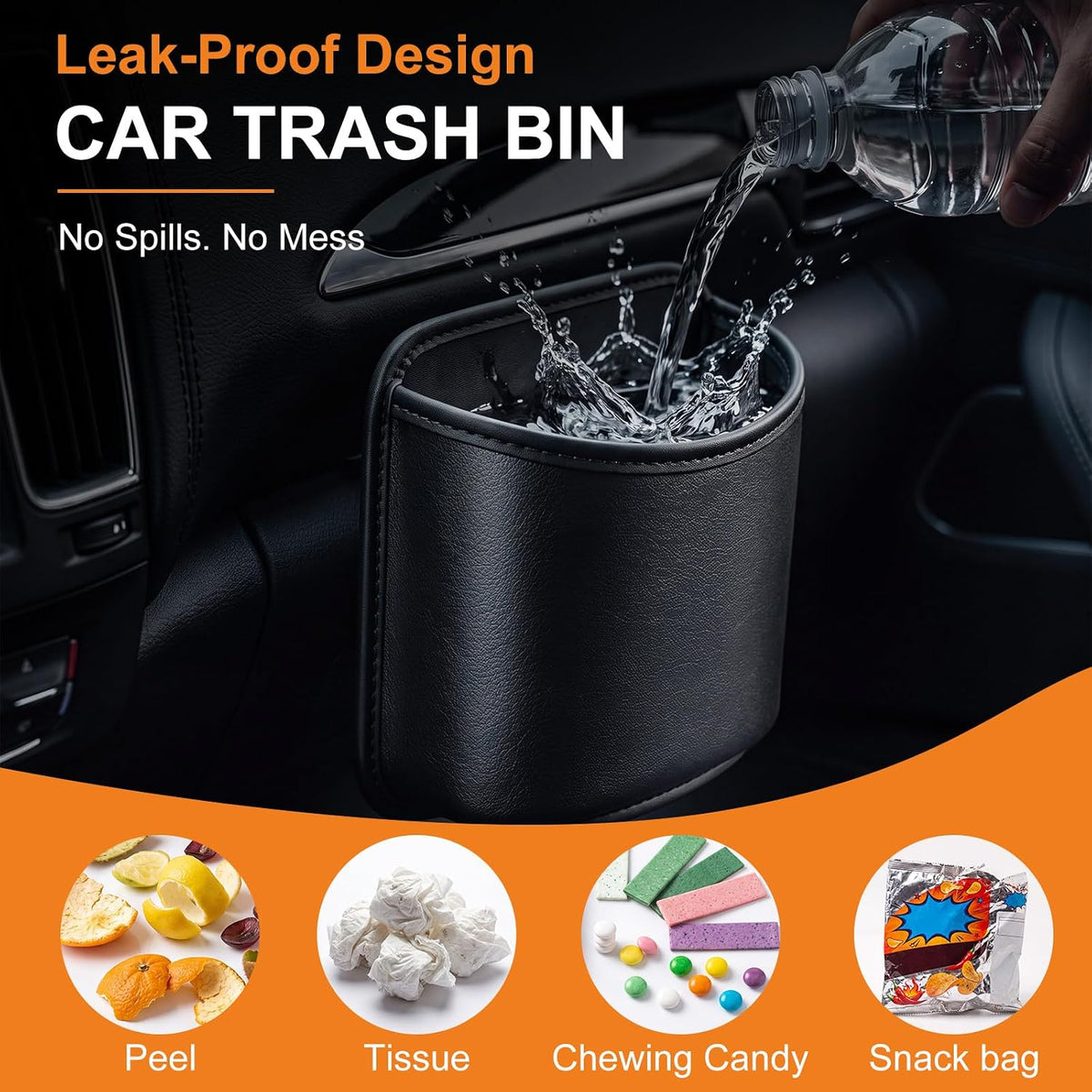 Leather Car Trash Can Hanging Car Garbage Bin with 4 Roll Trash Bag Leakproof Faux Leather Auto Garbage Container Easy Clean Vehicle Waste Basket for Suv, Truck, Sedan, Easy to Install, Black