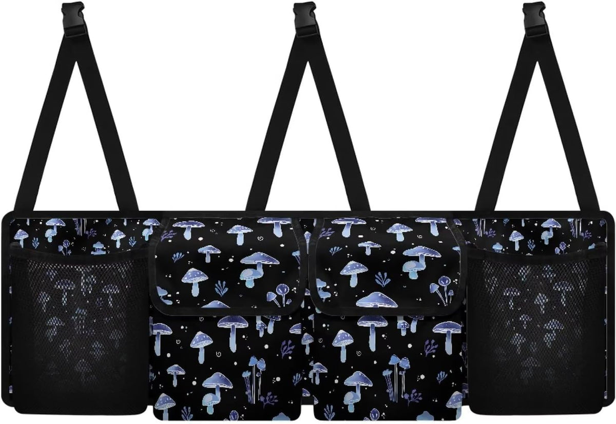 Car Trunk Organizer,Collapsible Large Capacity Auto Backseat Hanging Storage Bag with Adjustable Strap & 4 Pockets,Keep Trunk Clean and Tidy(Blue Mushroom Pattern)