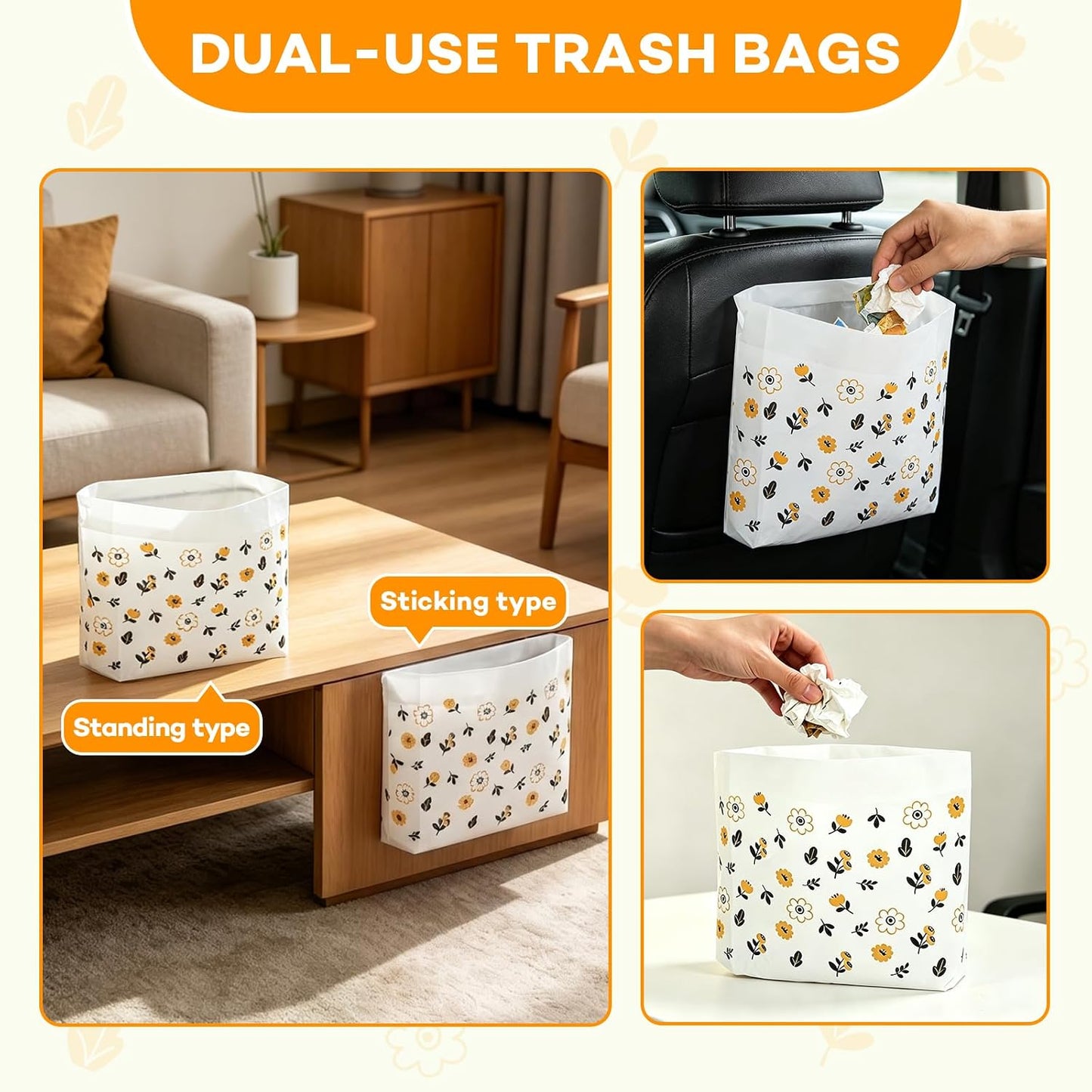 120 Pcs Disposable Car Trash Bags, Seal Disposable Car Garbage Bin Bags, Stick On Car Trash Bin for SUV Truck, RV Travel, Camping, Bedroom, Study Room, Office