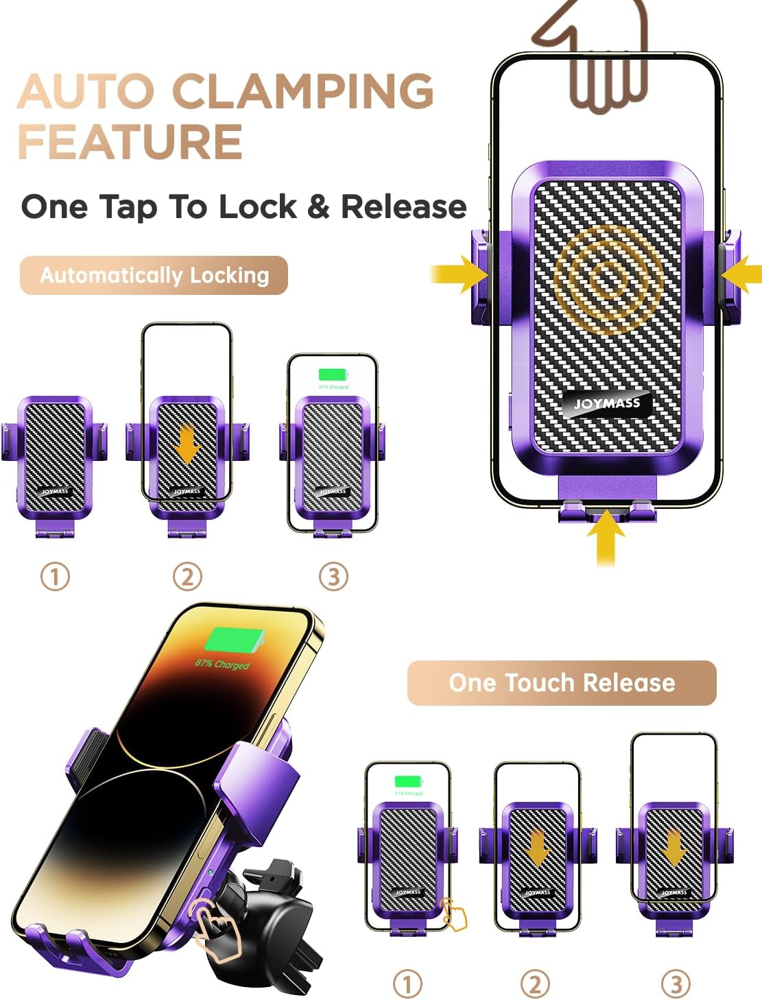 JOYMASS Wireless Car Charger, Phone Holders for Your Car, 15W Auto Clamping Phone Mount Car Accessories for iPhone 16 15 14 13 12 Mini Pro Max, Samsung Galaxy S24 Ultra S23 S22+ Note 20, etc - Purple