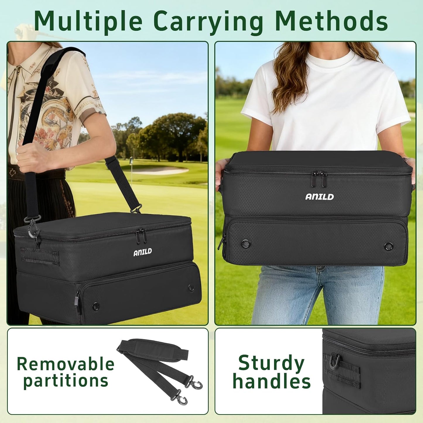 ANILD Golf Trunk Organizer, 2 Layer Golf Storage Case with Separate Ventilated Compartment for 2 Pair Shoes, for Balls, Tees, Clothes, Gloves, Accessories, Golfer Gifts