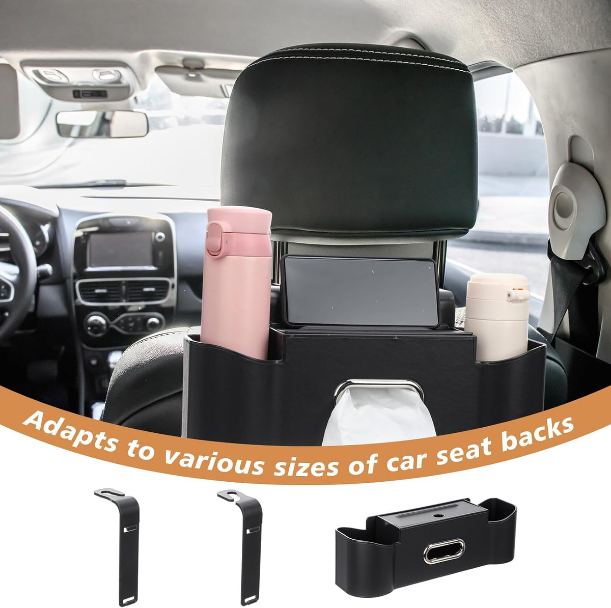LemonRoad 2 Pack Multifunctional Car Seat Back Storage Box Car Seat Back Organizer with Tissue Box, 2 Drinks Cup Holders and Hooks for Hold Phone, Handbag, Fits for Most Cars(Black)