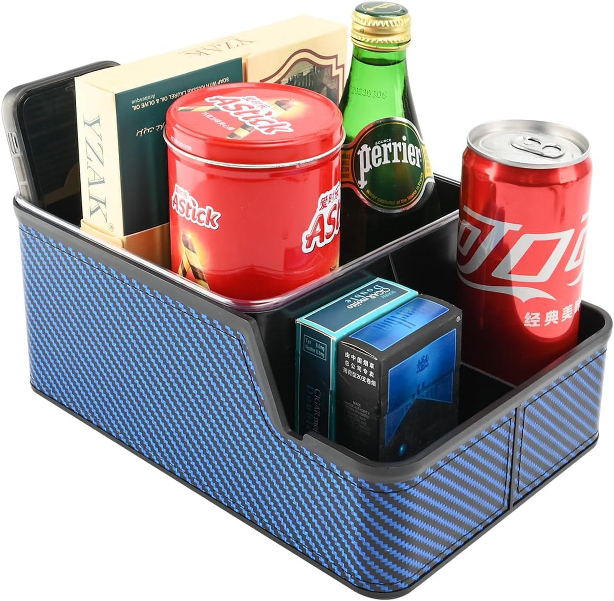 Car Front Seat Organizer with Compartment,Center Console Armrest Storage Box,Car Seat Cup Holder Tray,Back Seat Small Caddy,Car Organizer and Storage with Non-Slip Pat,fit for Truck,SUV,Van (Blue)