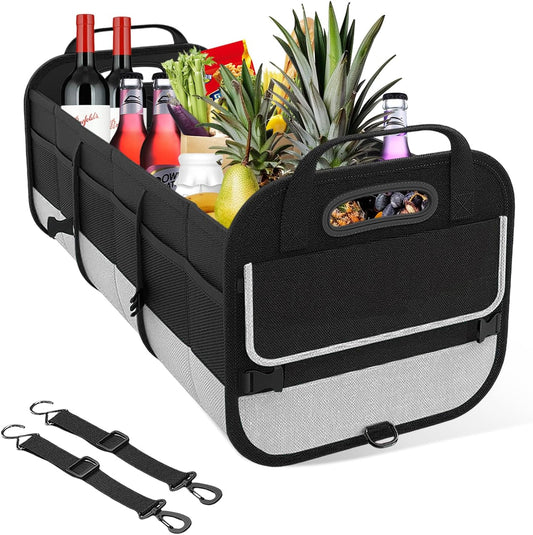 Car Trunk Organizer, Large Capacity Collapsible Cargo Organizer with Adjustable Straps Reinforced Handles, Multi-Compartment Trunk Storage Box for Car Truck SUV Sedan (Black & Gray)