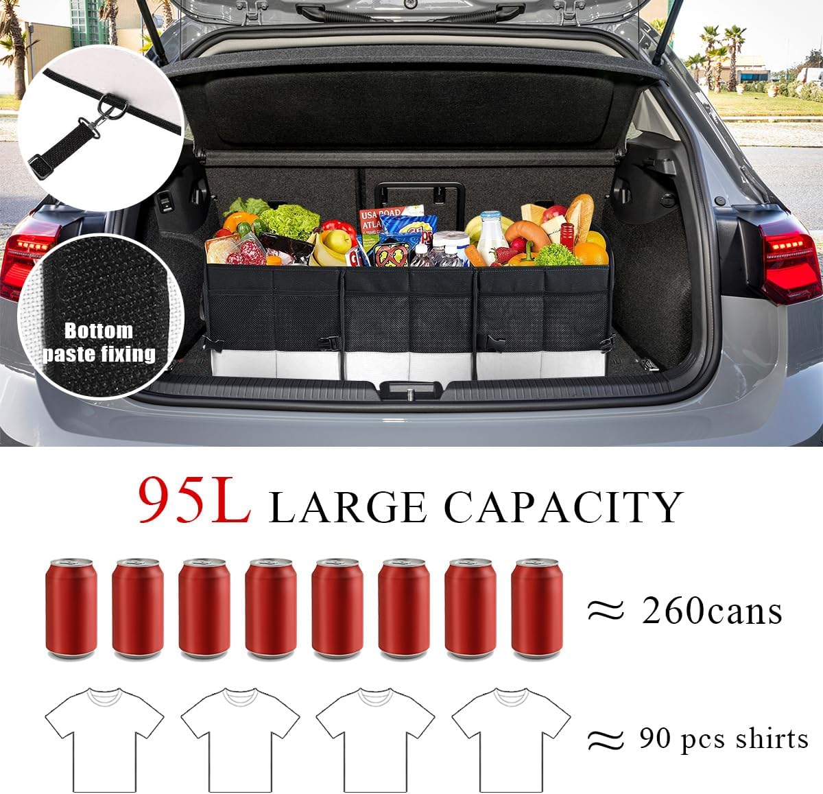 povtii Large Organizer for Car, 95L Stretchable Storage Trunk Organizer with Divided Compartments, Fixed Big Trunk Organizer with Handles & Adjustable Straps, Car Accessories (Black & Gray)