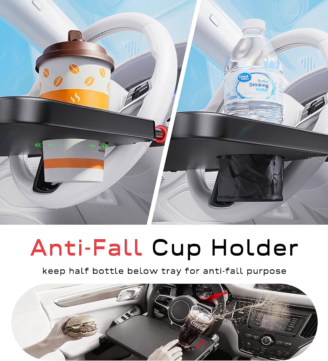 Car Steering Wheel Tray for Drivers Steering Wheel Tray for Dining, Mobile Office & Travel Food with Cup Holder, Scratch-Free EVA Hook Covers, 2-in-1 Desk Table for Car - Black