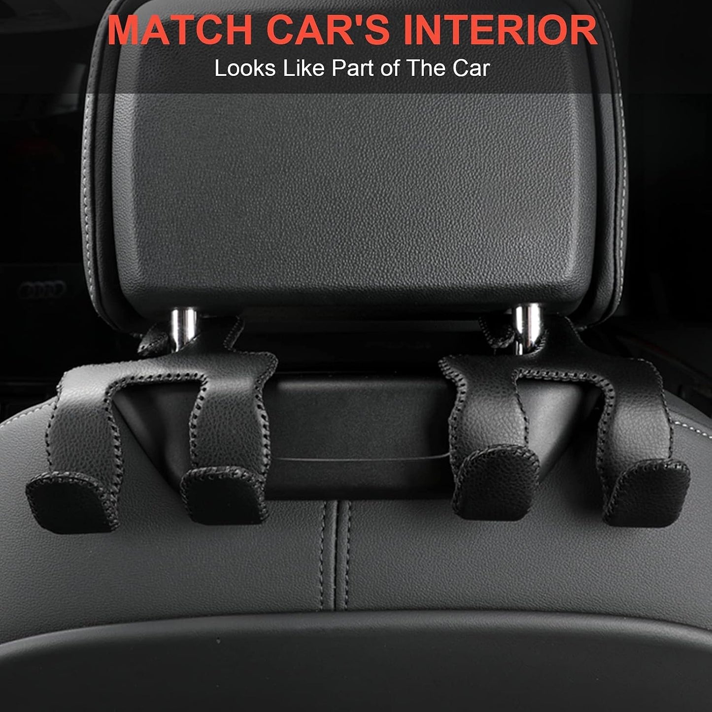 AMVOYOA 【2021 Upgraded】 Car Purse Hook, 2 in 1 Car Seat Headrest Hooks Durable Hanger Storage Holder Leather Organizer for Hanging Grocery Bags, 2 Pack, Black