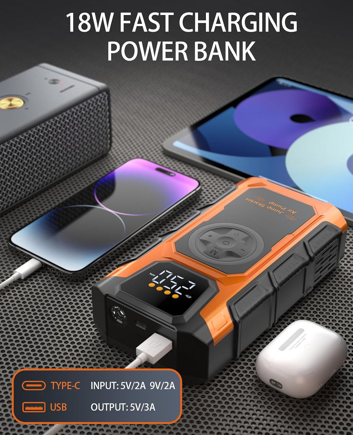 Jump Starter with Air Compressor, 6000A Car Battery Charger Power Jump Box Start 12V Vehicles(Up to 9.0L Gas&7.5L Diesel Engines) Portable Car Booster Jumper Pack Combo150 PSI Tire Inflator