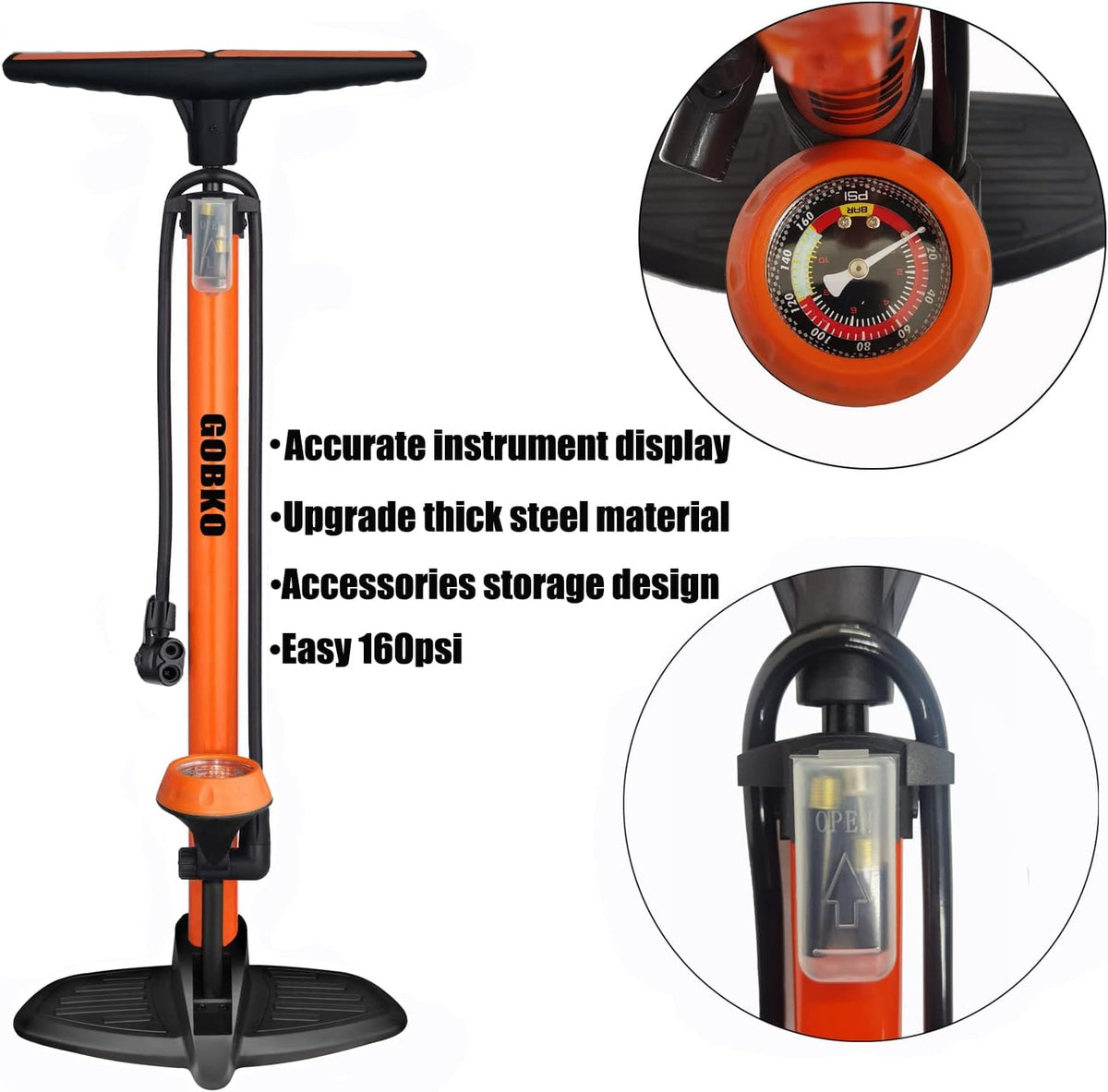 GOBKO Bike Pump with Gauge,Bicycle Floor Pump for Presta and Schrader Valves Bike Tire Pumps Inflator High Pressure 160PSI & 11BAR Portable Air Pump for Road Bike Car MTB Sports Balls