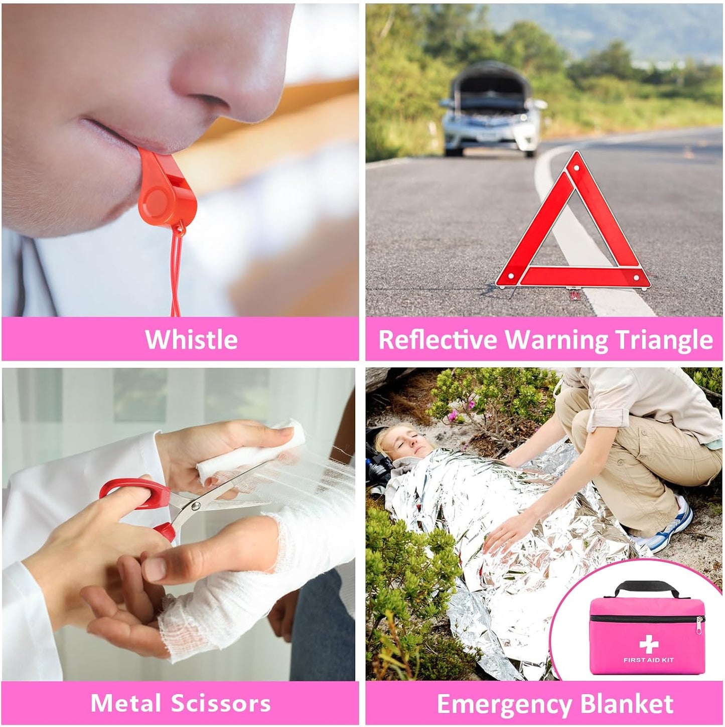 Car Roadside Safety Kit - 129pcs Pink Winter Emergency Road Side Assistance Kits Auto Essential Kit for Men, Women, Teen