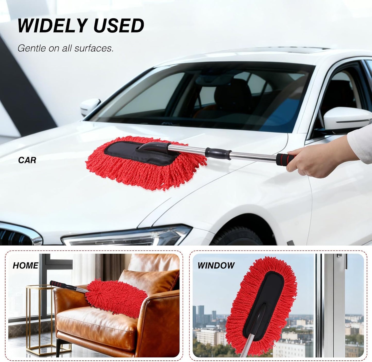 IPELY 3 Pack Large Red Microfiber Car Duster Exterior Scratch Free with Extendable, Car Duster Interior Multipurpose dust Cleaning