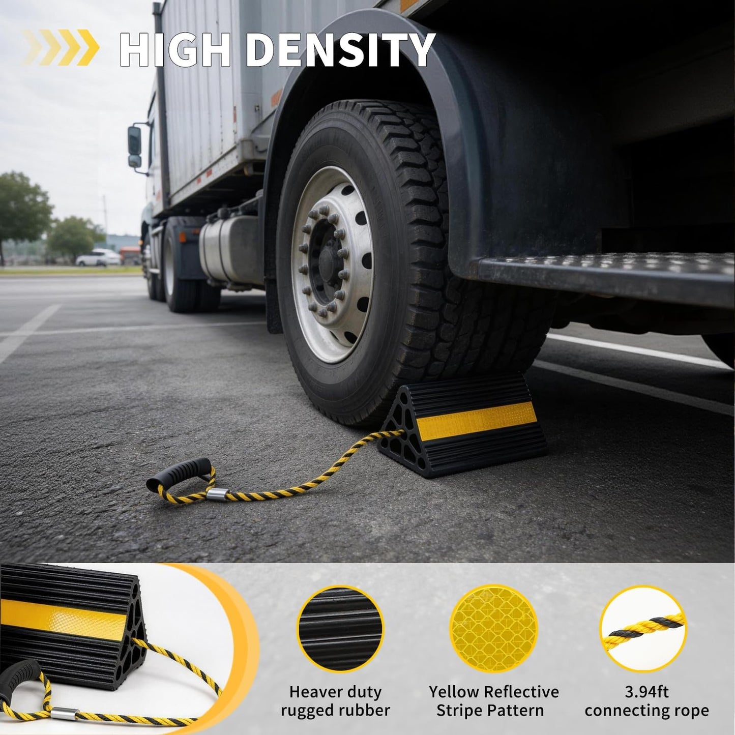 Vacallity Update Wheel Chocks for Trailer 4pc Heavy Duty Rubber Wheel Chocks with seprate Handle Rope&Yellow Reflective Tape Tire Chock Blocks for Cars Trucks Aircraft RV Camper Trailer Accessories