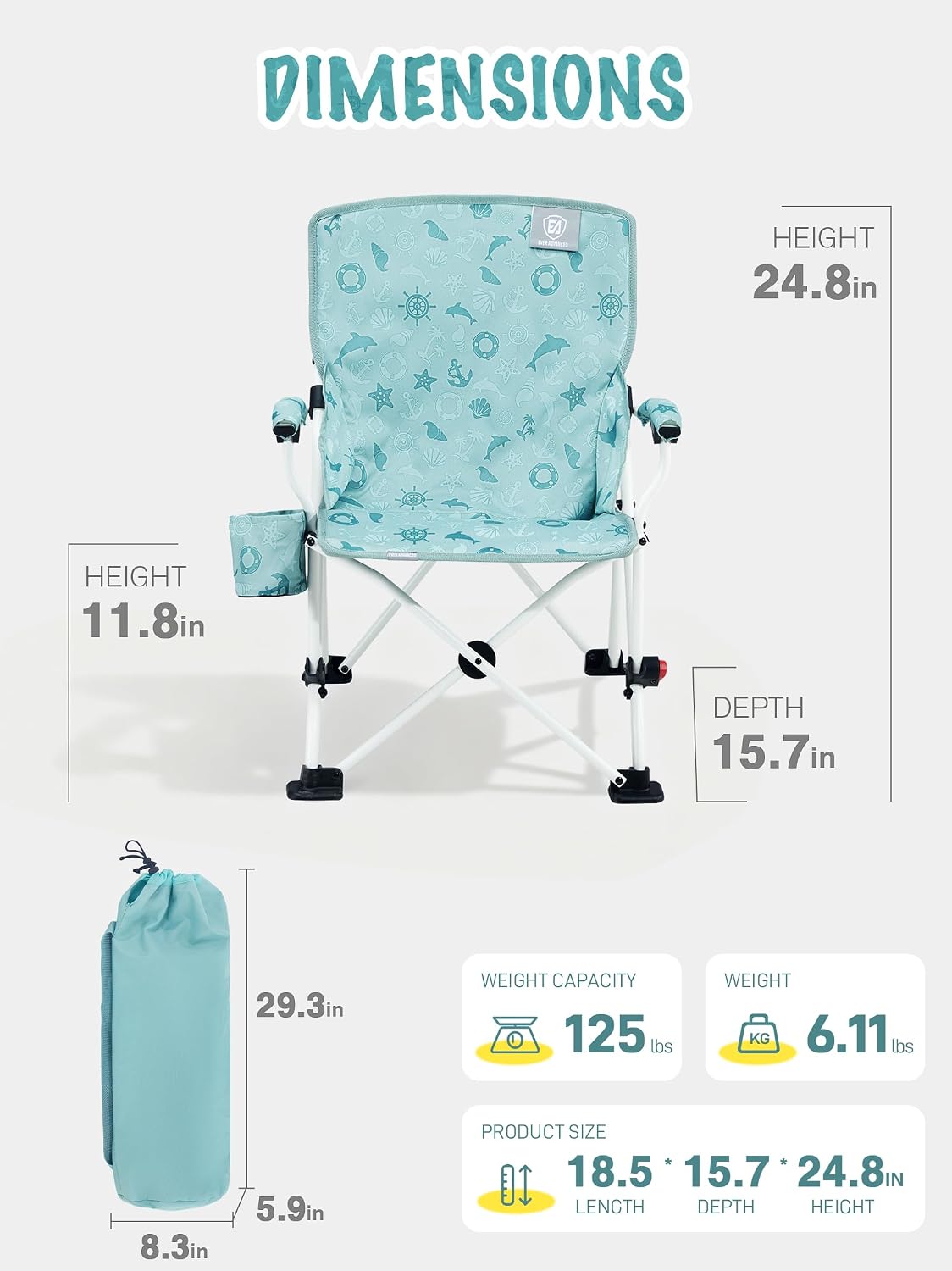 EVER ADVANCED Kids Camping Chairs with Cup Holder, Padded Folding Camping Chair Outdoor with Safety Lock, Carry Bag, Lightweight Portable Camp Chairs for Beach, Balcony, Patio, Supports 150lbs, Green