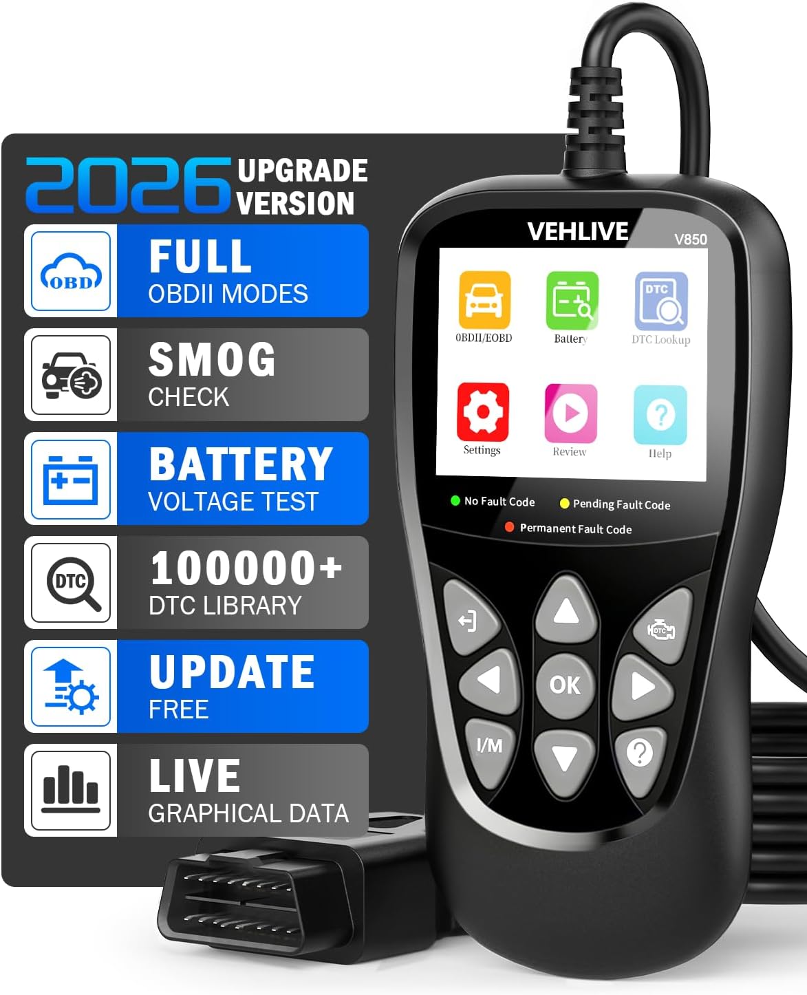 OBD2 Scanner Diagnostic Tool, VEHLIVE V850 Car Code Reader for Check Engine Light with Reset, I/M Readiness, Battery Tester, Live Data, CAN Diagnostic Scan Tool for All OBDII Vehicles After 1996