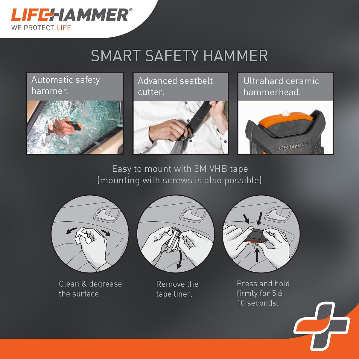 Lifehammer Smart Automatic – Window Breaker Seatbelt Cutter, Emergency Car Window Breaker for car Escape Tool, Anti-Slip Grip with Car Mounted Retail Pack (Orange-Black)