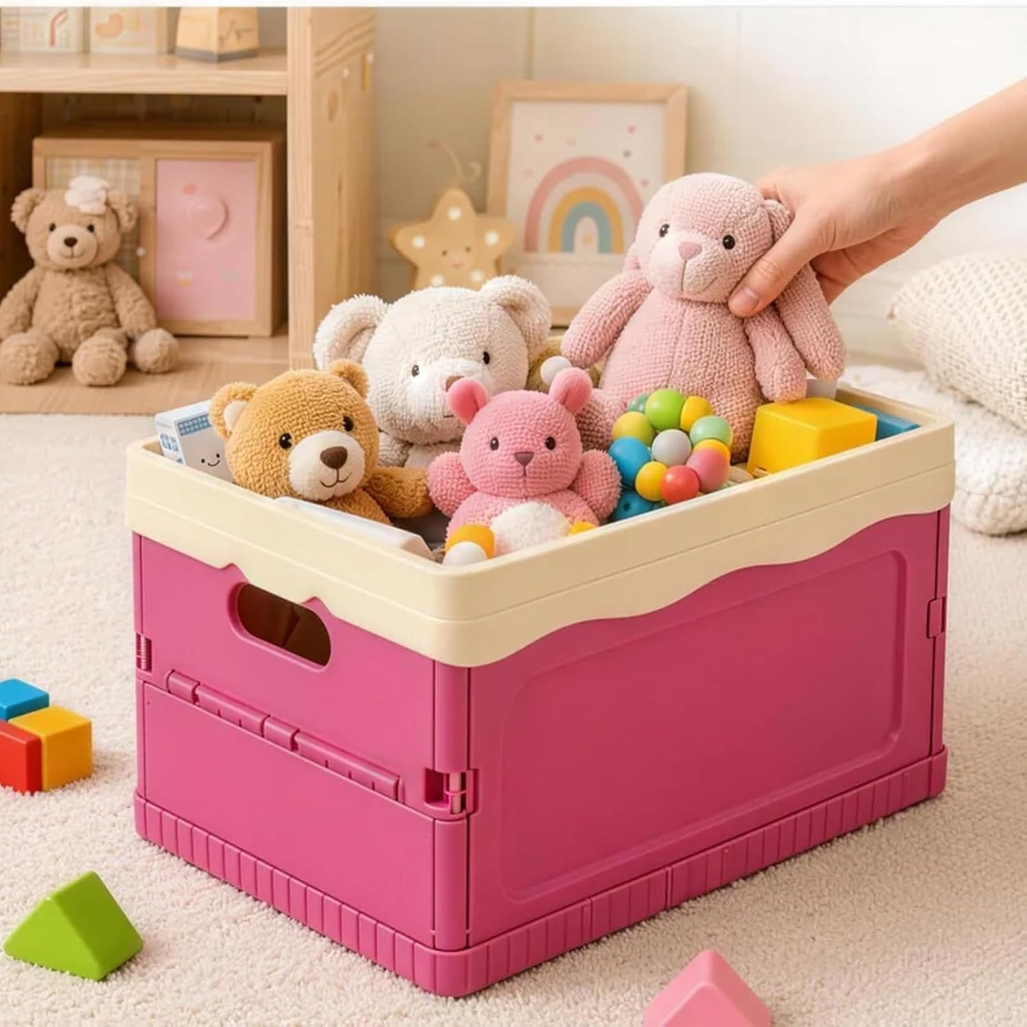 Pink Storage Bins with Lids, Foldable Storage Basket, Collapsible Plastic Organizer Bin with Handle, Portable Stackable Container for Home, Kitchen, Bedroom, Office, Car, Picnic