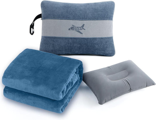 Melissa Large Soft Travel Blanket and Inflatable Pillow Set | Size - 69“ x 43.3”, Lightweight, Compact & Washable for Backpacking, Hiking, Airplane, Car, Office, Camping (Blue)