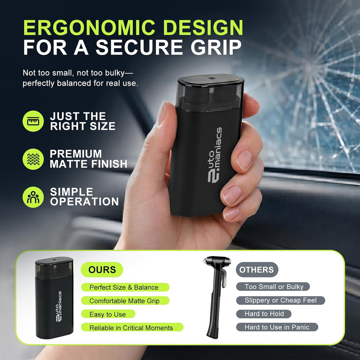 AutoManiacs 2-in-1 Window Breaker & Seatbelt Cutter, Dual Hammer Car Emergency Escape Tool with Magnetic Base, Effortless Glass Breaker Safety Hammer, Matte Metal Design