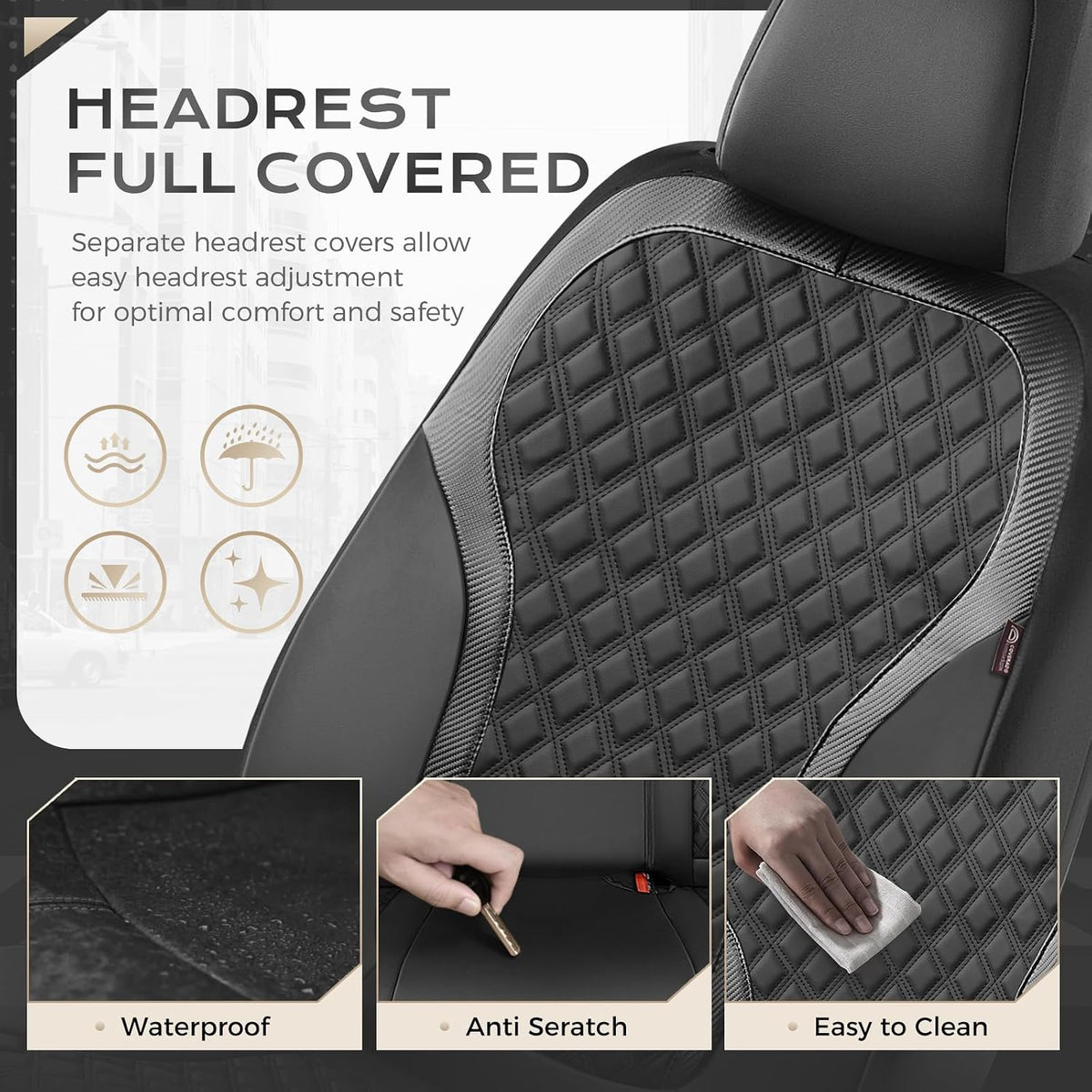 Coverado Front Seat Covers, 2-Pack Luxury Diamond Leather Car Seat Cover with Carbon Fibre Weave, Spill-Proof Driver Car Seat Protectors, Waterproof Seat Covers Universal Fit for Most Cars, Black