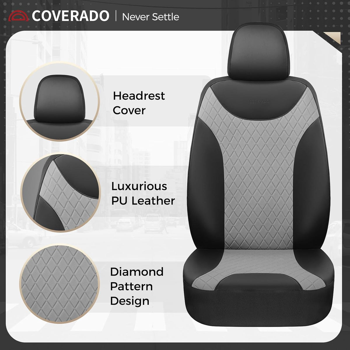 Coverado Car Seat Covers, 5 Seats Front and Rear Seat Covers for Cars, Leather Seat Covers Waterproof Car Seat Protectors, Automotive Seat Cushions Universal for Most Sedan, SUV, Truck, Black & Gray