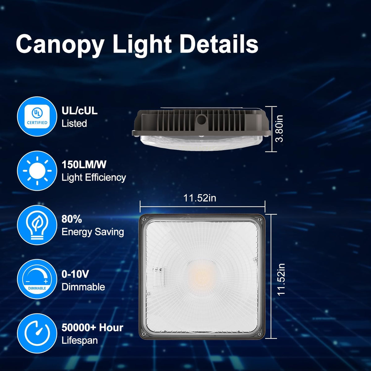 120W LED Canopy Light for Gas Station Light, 18000lm 0-10V Dimmable 5000K LED Canopy Lights, IP65 Waterproof Commercial Canopy Lights for Outdoor Garage Warehouse Shop Carpor UL Listed, 1 Pack