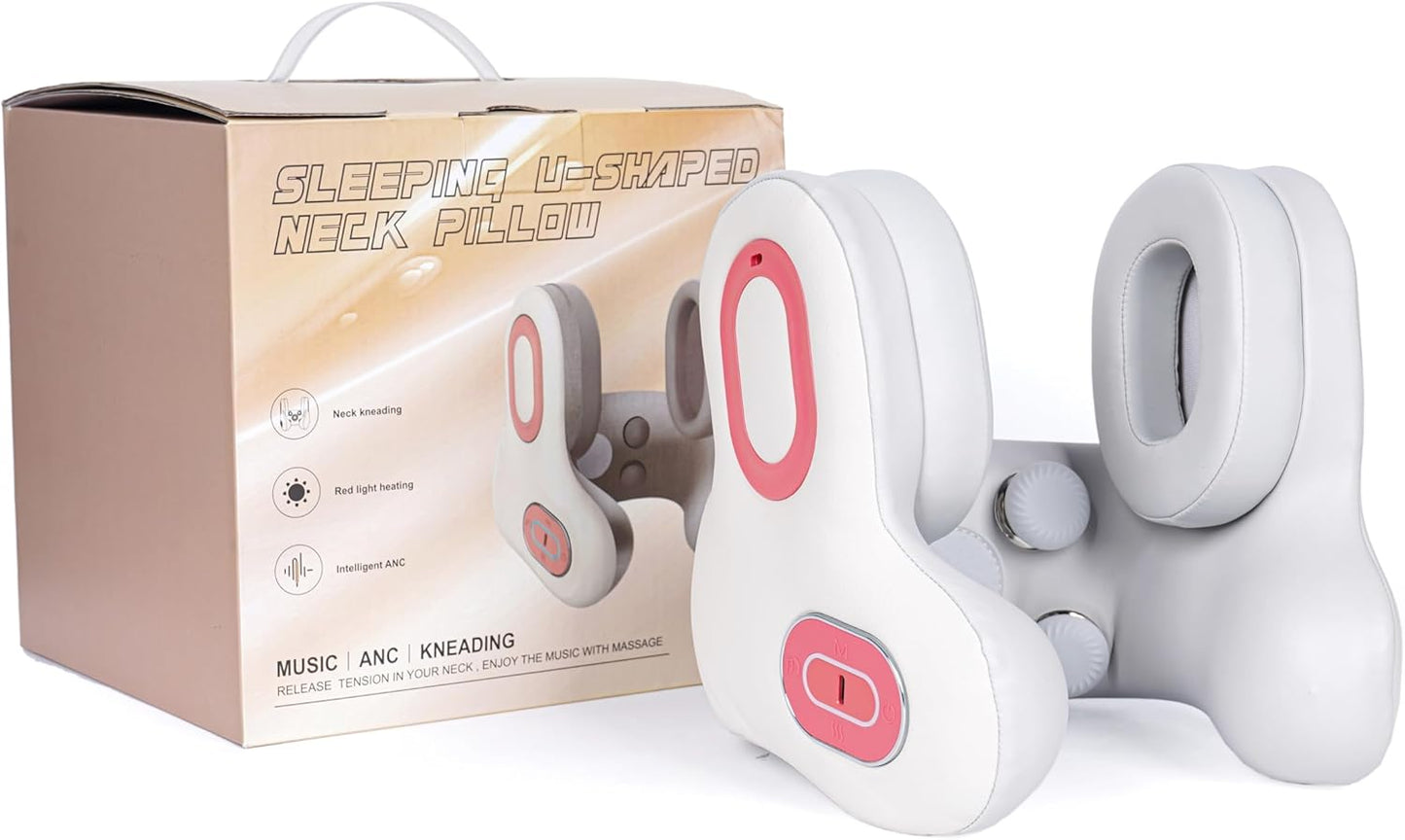 Travel Neck Pillow Noise Cancel Heat Vibration Bluetooth Music | Neck Support with Heating Vibration & Built-in Bluetooth Speaker Portable for Plane Car Travel Built-in Audio for Daily Rest