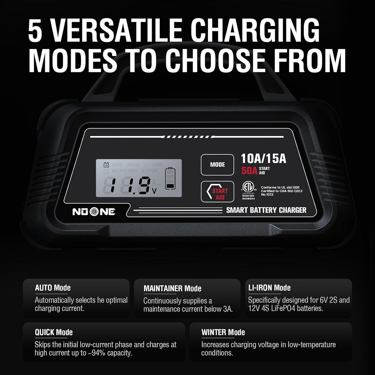 NOONE 10A/15A Smart Battery Charger - 6V/12V Fully Automatic Maintainer