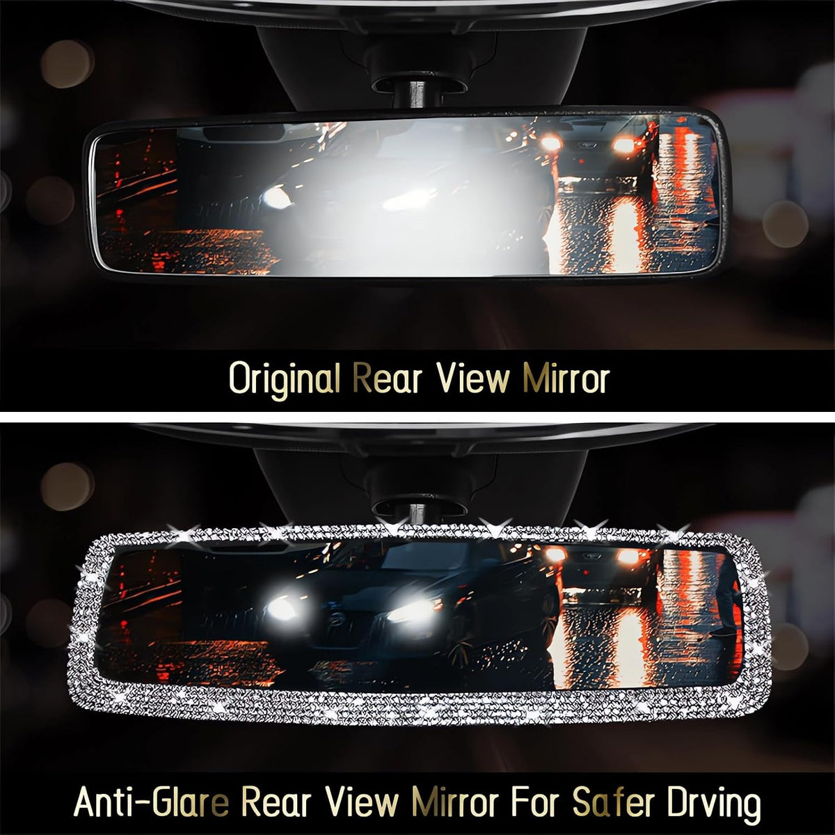 Bling Rhinestone Car Rear View Mirror - Crystal Diamond Decor for Women - Stylish Automotive Interior Accessory (Silver)