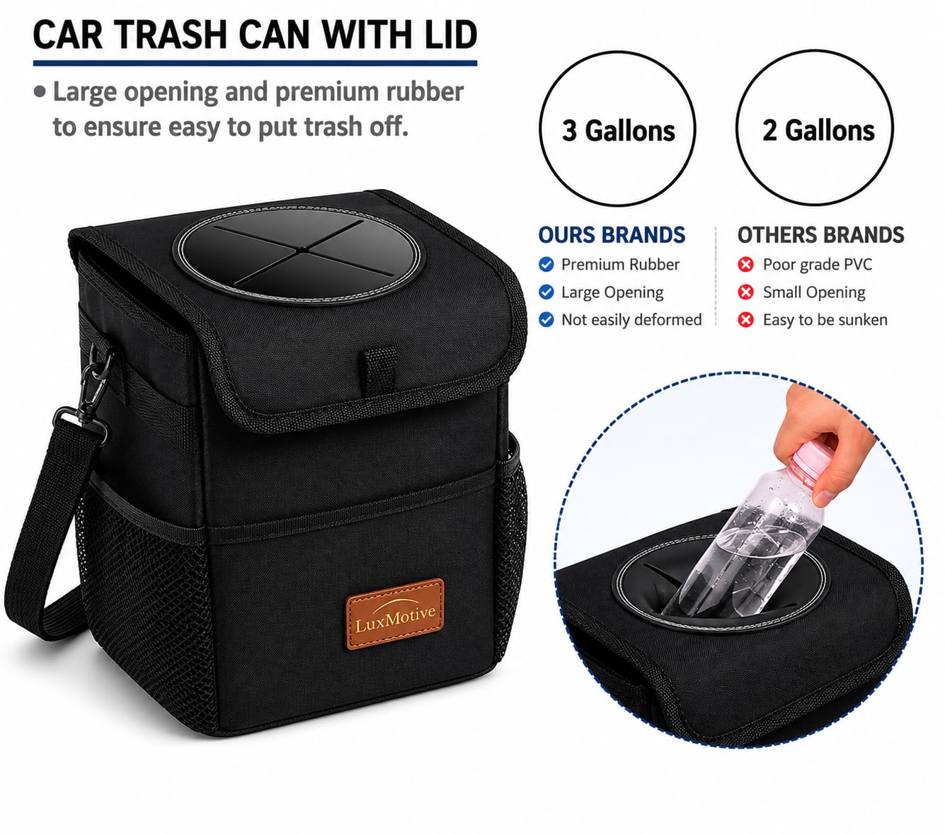 LuxMotive Car Trash Can – 3 Gallon Leakproof Waterproof Auto Trash Bin, Hanging Car Garbage Container with Lid & Storage Pockets, Foldable Car Organizer for Vehicle Interior (Black)
