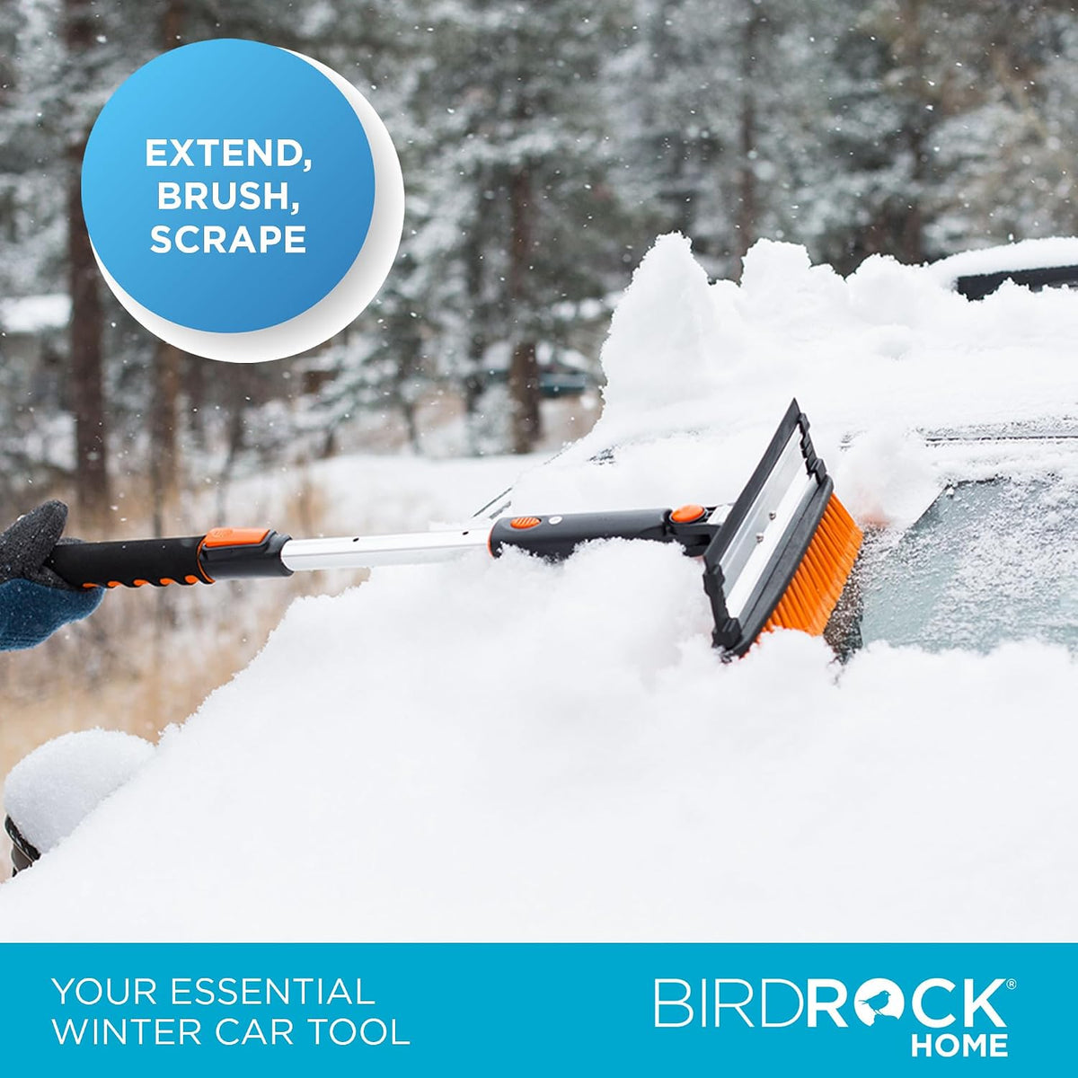 BIRDROCK HOME 39" Extendable Snow Brush with Detachable Ice Scraper for Car - Portable Snow Removal Tool for Windshield & Vehicles - Flexible Handle, Ergonomic Grip, 11" Wide Squeegee & Bristle Head