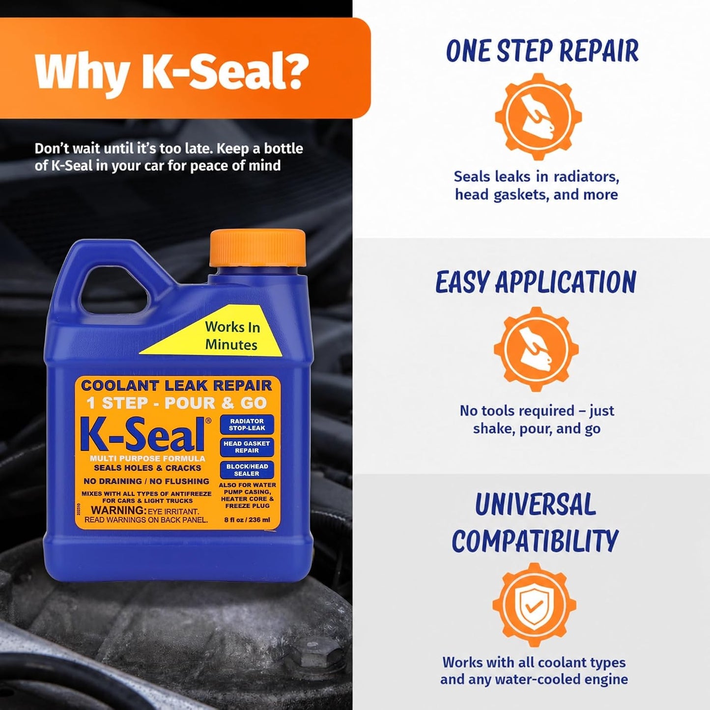 K-Seal ST5501 Multi-Purpose One Step Coolant Leak Repair, 8oz, Pour and Go, Mixes with All Antifreeze, No Flushing Required